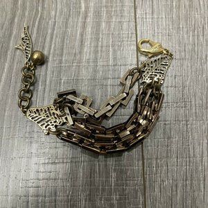 HTF Lulu Frost 3 Layer Ribbon Link Gold Tone Wing Accent Statement Bracelet Rare